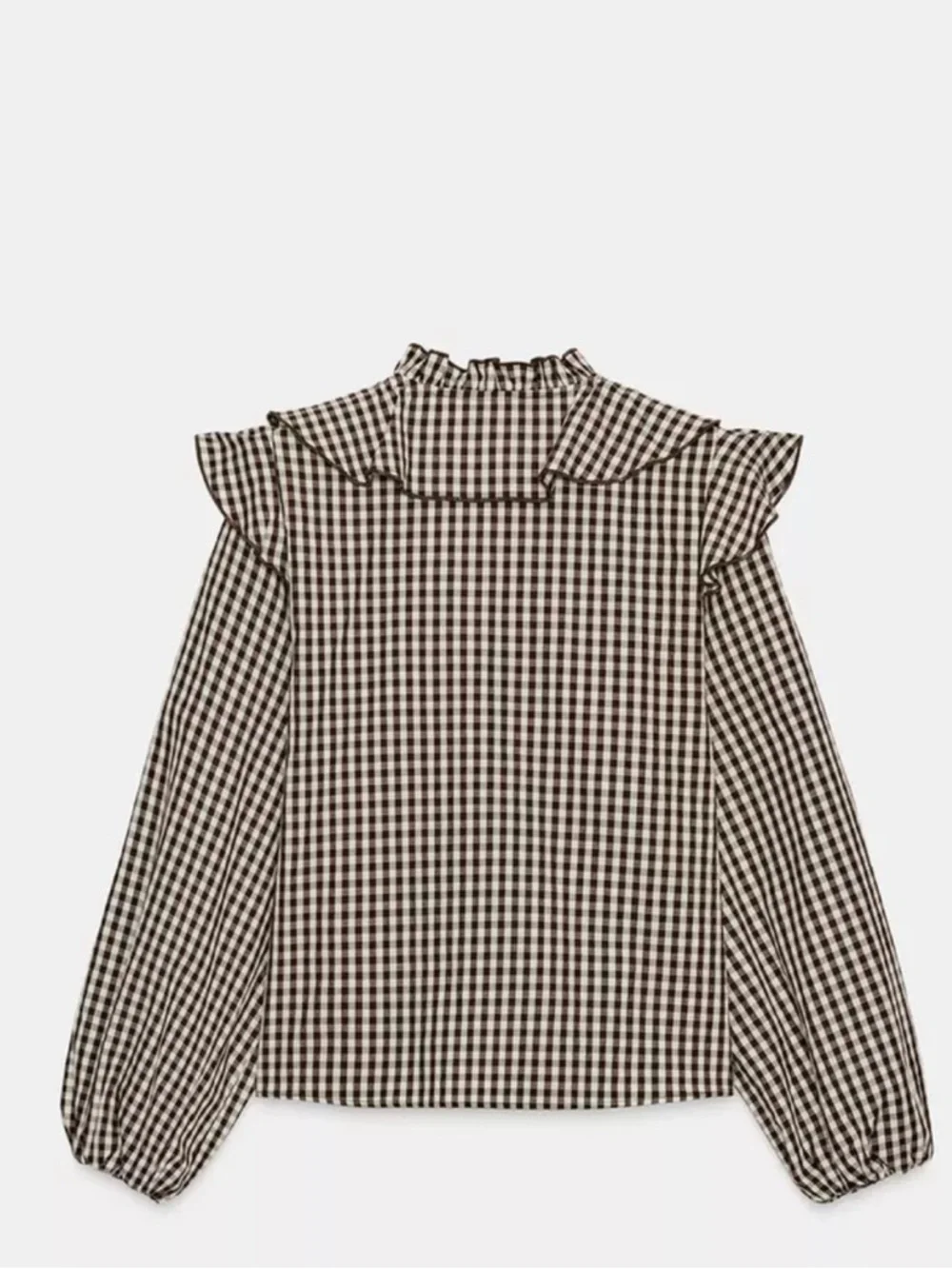 Zara Brown White Gingham Ruffle Shirt Top Sz S - Picture 5 of 14